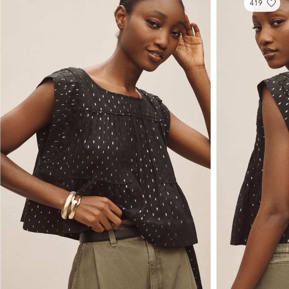 Anthropologie Black Sleeveless Lurex Swing Top Subtle Dot Detail